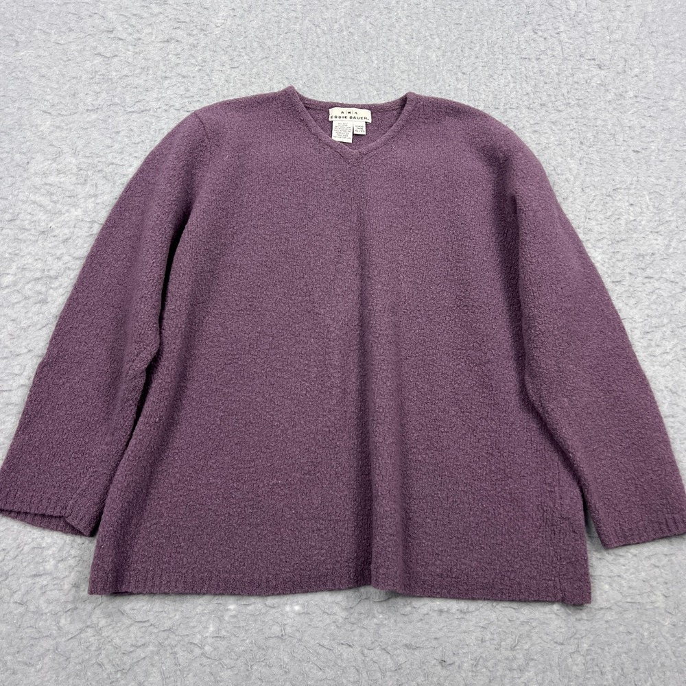 VTG Eddie Bauer AKA Sweater Women's XL Purple Wool Boucle Knit‎ V Neck Pullover